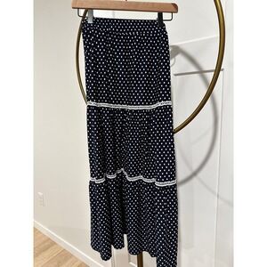 Modern Attraction Navy Blue Polka Dot Tiered Maxi Skirt with Lace Trim Large